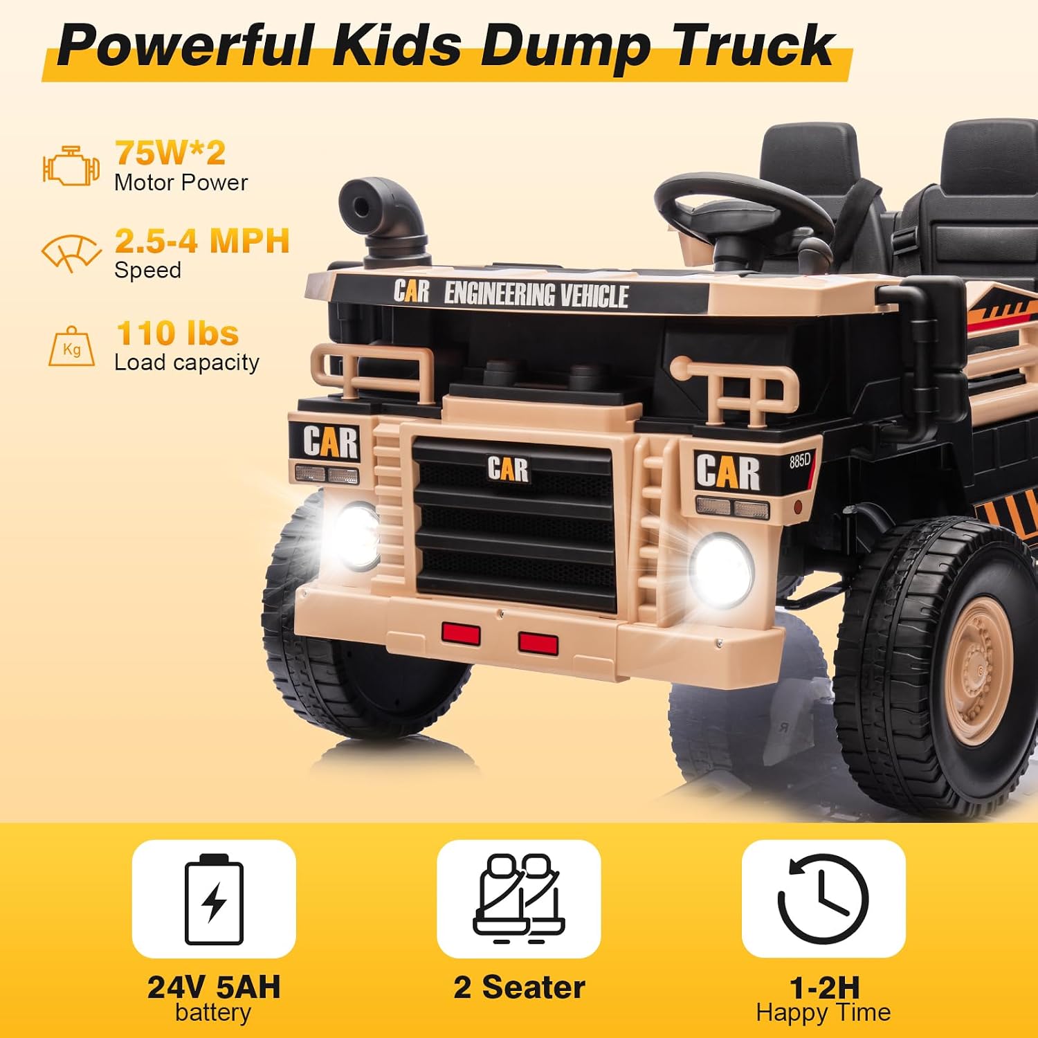 RunFast 24V 2 Seater Ride on Dump Truck for Kids,Electric Ride on Cars with Remote Control,2X75W Powerful Motors and Up to 4Mph,Electric Dump Bed,Extra Shovel,Music Player,Gift for Boy&Girl(Khaki,24V)
