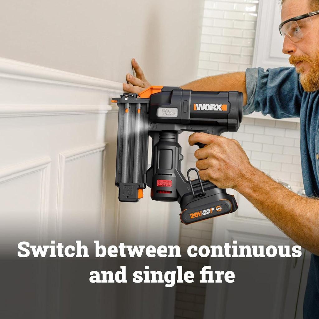 WORX Brad Nailer Cordless, 20V 18 ga Brushless Nail Gun Cordless, High Driving Power, Up to 2-⅛' into Hardwood, Narrow Nose, 3 LEDs, 3000 Nails & 20V 2.0 Ah Battery and Charger Included, PowerShare
