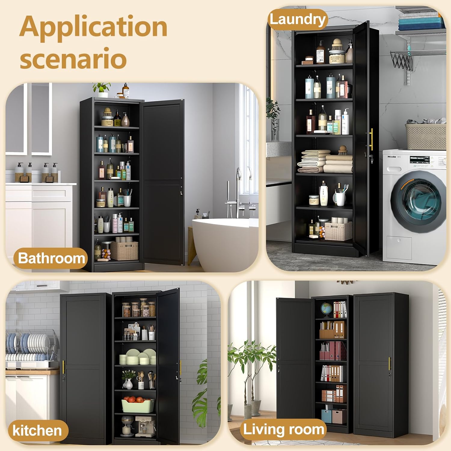 Tall Narrow Slim Metal Storage Cabinet with Lock and 5 Adjustable Shelves,Steel File Cabinets,Kitchen Pantry Cabinet Locker Organizer - 67' Storage Cabinets for Bathroom,Bedroom,Office,Black