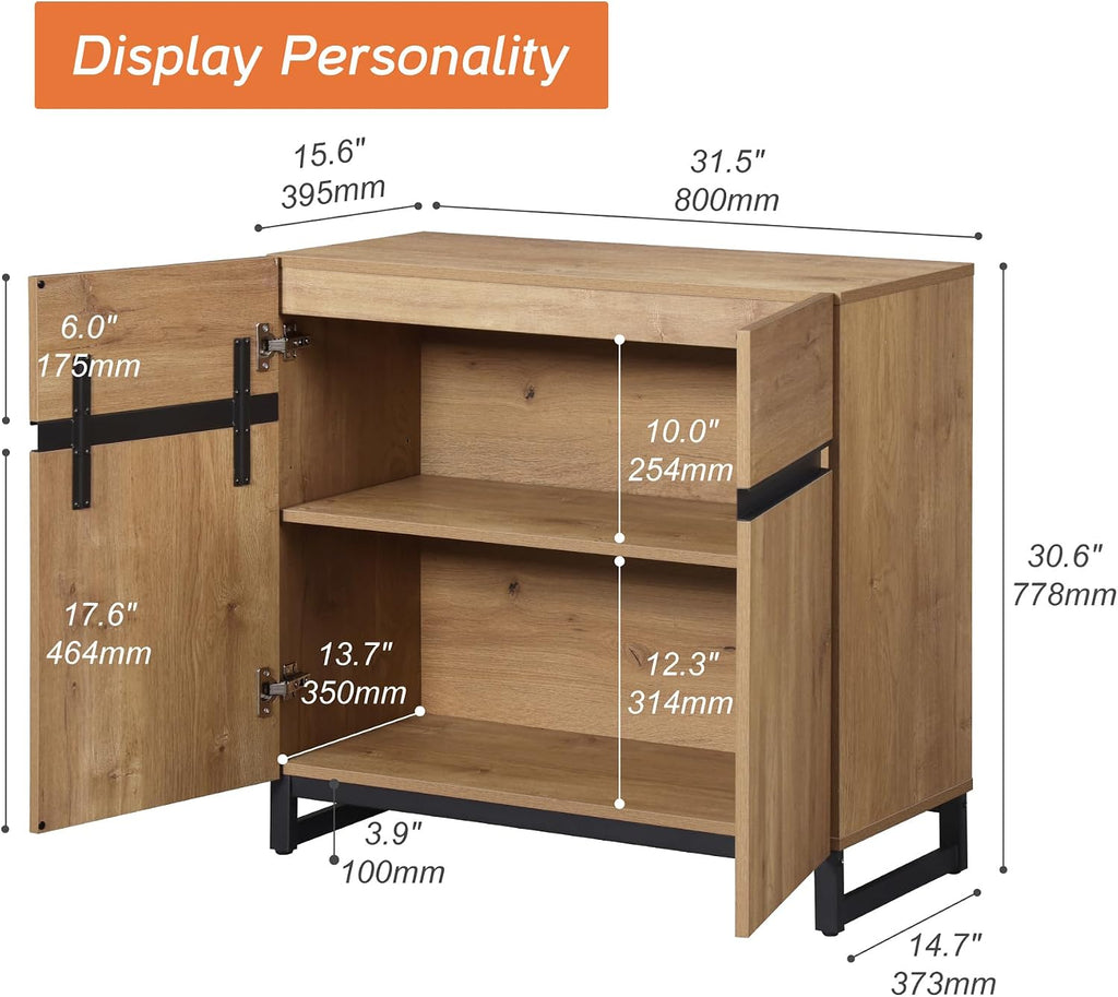 WAMPAT Sideboard Buffet Cabinets, Modern Sideboard with Adjustable Shelf and Metal Base, Coffee Bar Cabinet Storage Cabinet for Living Room, Kitchen, 1Pcs, Oak