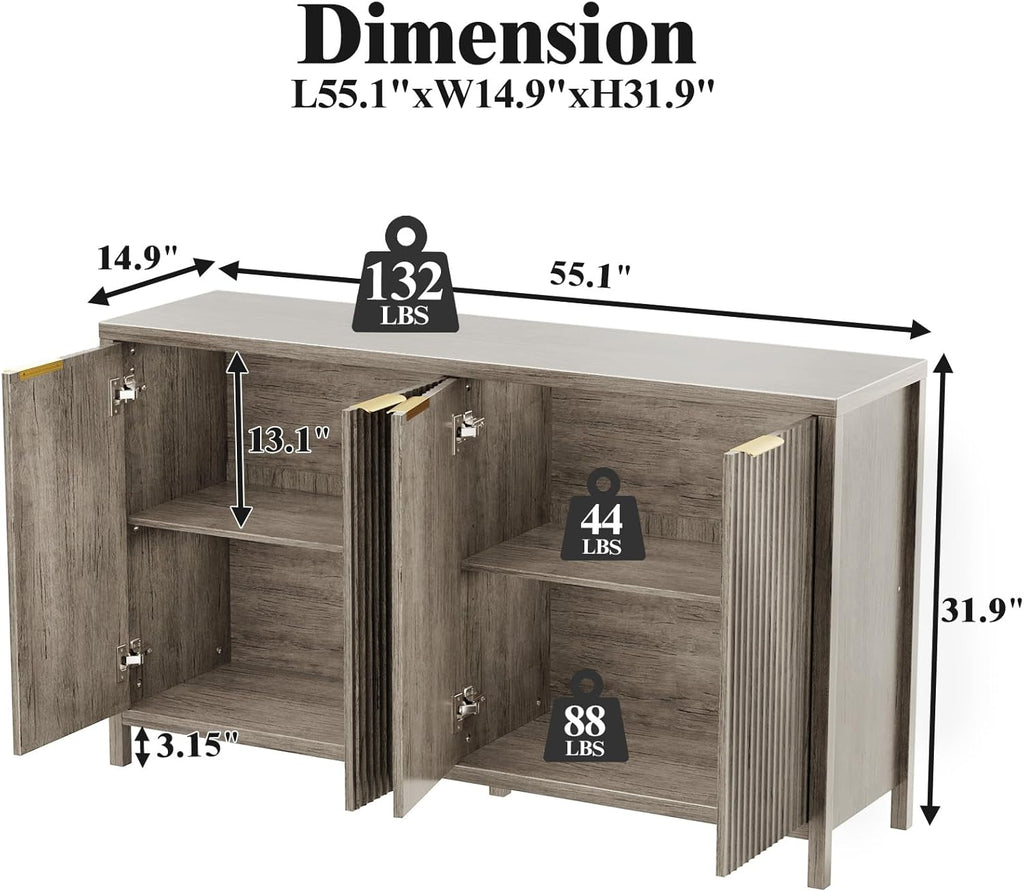 Fluted Sideboard Buffet Cabinet, 55' Large Storage Buffet Cabinet with 4 Doors and Adjustable Shelves, Modern Sideboard Console Table for Living Room,Entryway,Dinning Room,Kitchen-Grey
