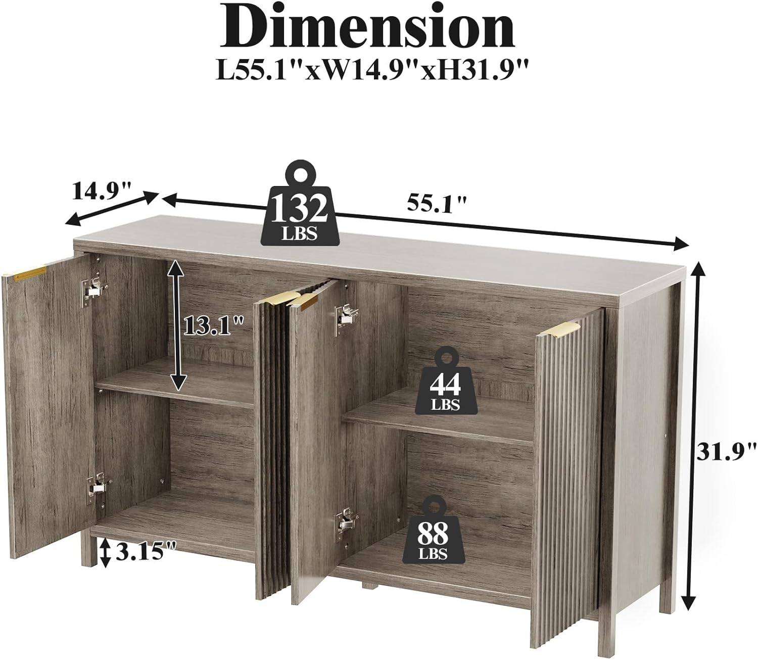Fluted Sideboard Buffet Cabinet, 55' Large Storage Buffet Cabinet with 4 Doors and Adjustable Shelves, Modern Sideboard Console Table for Living Room,Entryway,Dinning Room,Kitchen-Grey