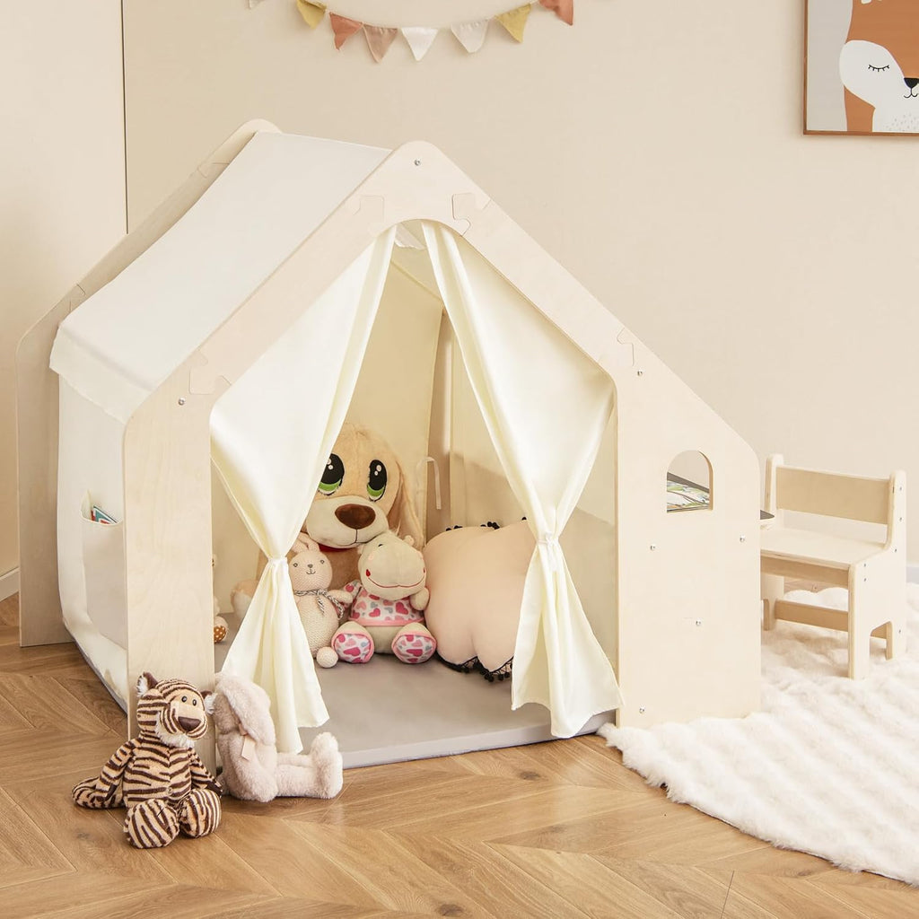 Costzon Kids Tent, 6-in-1 Wooden Frame Play House with Table and Chair Set, Blackboard, Side Storage Bag & Soft Floor Mat, Indoor Playhouse for Boys Girls Aged 2-6 Years Old