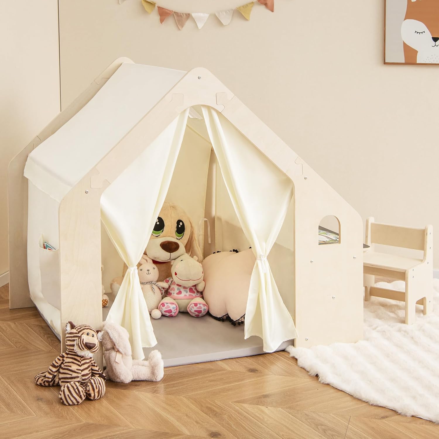 Costzon Kids Tent, 6-in-1 Wooden Frame Play House with Table and Chair Set, Blackboard, Side Storage Bag & Soft Floor Mat, Indoor Playhouse for Boys Girls Aged 2-6 Years Old
