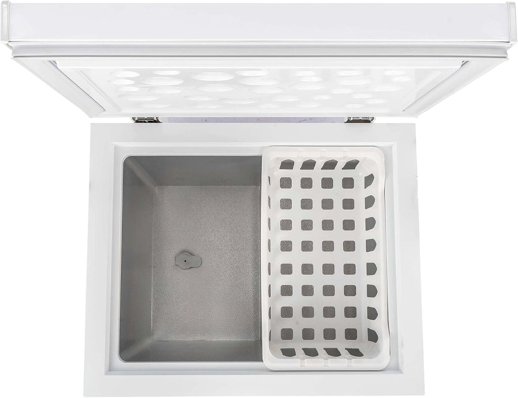Frigidaire Chest Deep Freezer, 2.0 Cu. Ft. Capacity, Adjustable Thermostat-Removable Vinyl Coated Wire Basket-Easy Defrost Drain- Garage Ready- Pearl White