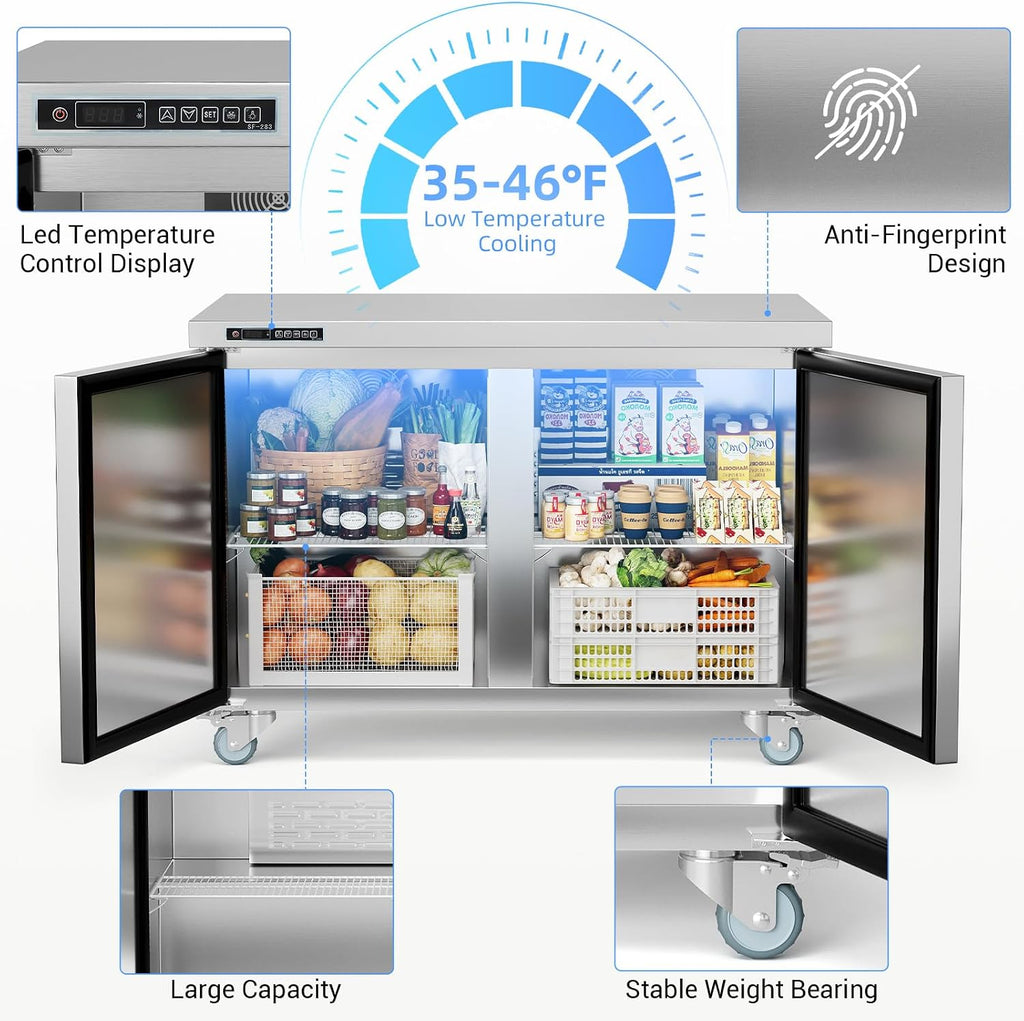 GarveeLife Commercial 48' Double Door Sandwich & Salad Prep Refrigerator – Stainless Steel Undercounter Worktop with Digital Thermostat, Lockable Cold Storage, Heavy-Duty for Restaurant, Bar, Buffet