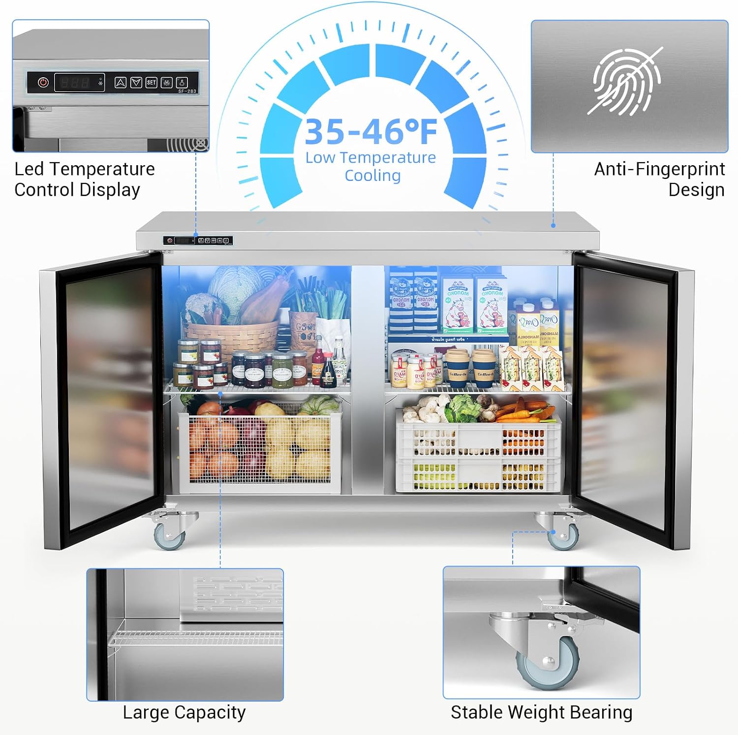 GarveeLife Commercial 48' Double Door Sandwich & Salad Prep Refrigerator – Stainless Steel Undercounter Worktop with Digital Thermostat, Lockable Cold Storage, Heavy-Duty for Restaurant, Bar, Buffet