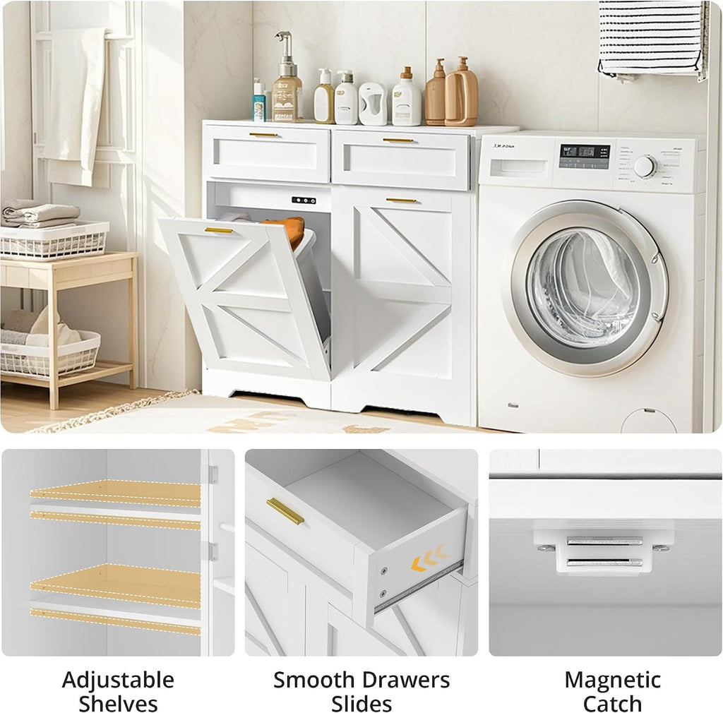 VECELO Tilt Out Trash Cabinet with Storage 9 Gallon Cabinet Trash Can with 2 Drawers, Free Standing Recycling Trash Can Storage with Ozone Generator/Charging Station, Pet Proof, White