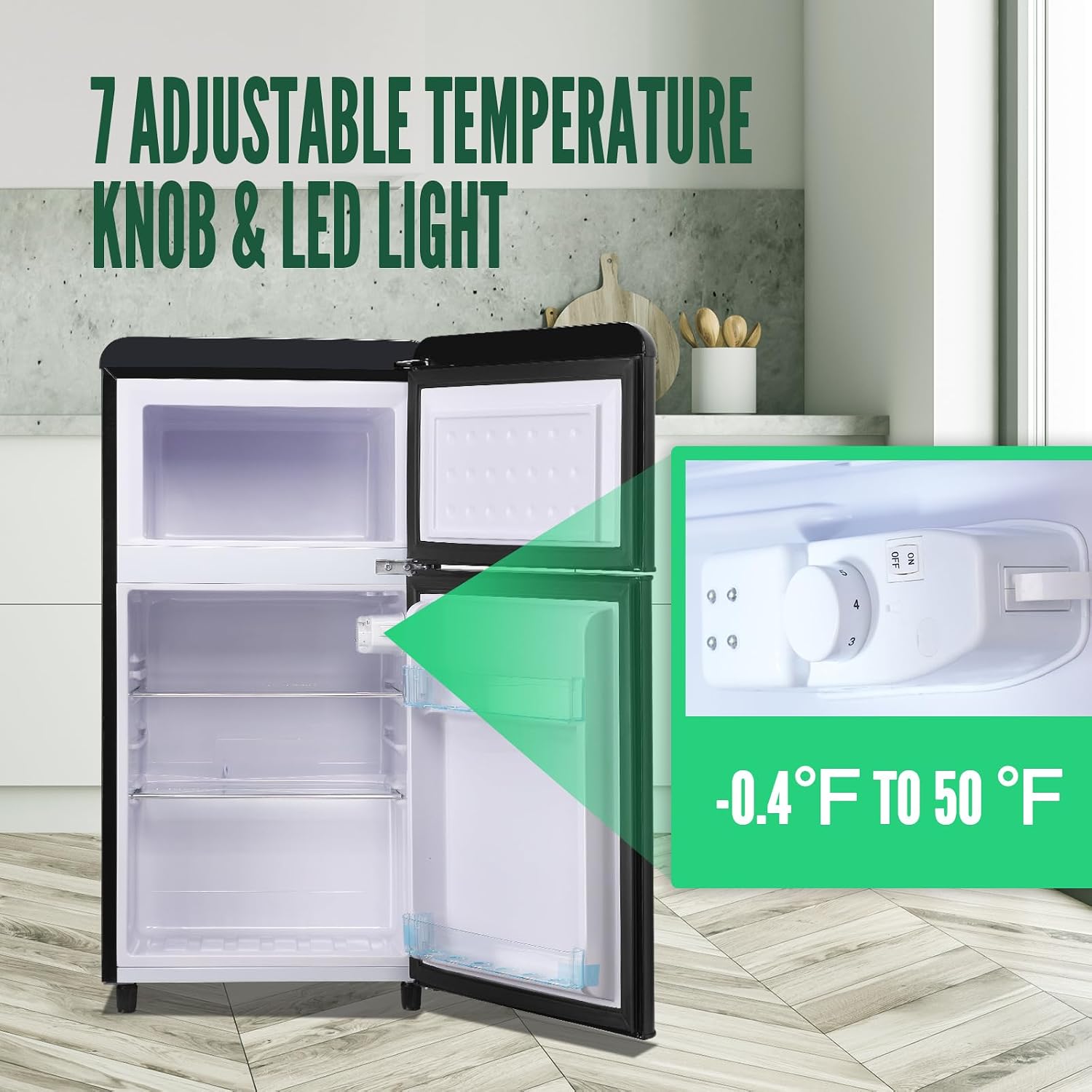 WANAI Retro Mini Fridge with Top Freezer 3.5 Cu.Ft Compact Refrigerator with Seven Adjustable Thermostat Two Door Small Fridge with Removable Glass Shelves for Kitchen Dorm Office Apt Black