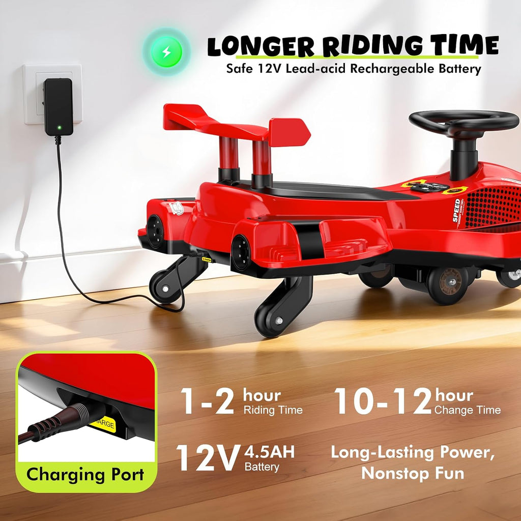 12V Electric Wiggle Car Ultra with Pedals, Rechargeable Swing & Drift Car, Anti-Rollover Design with Backrest, Spray, Flashing Lights, Music & Bluetooth, for Ages 3 and Up, 150 lbs(White + Black)