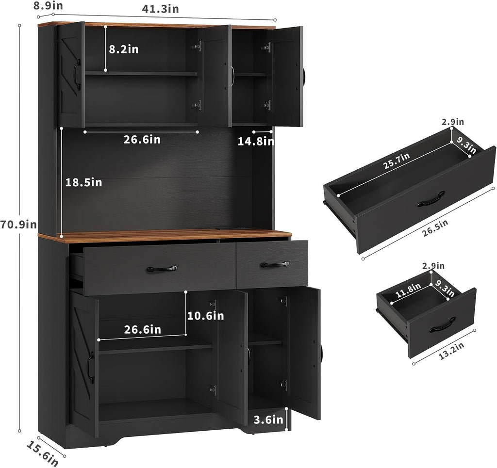 IDEALHOUSE 71' Kitchen Pantry Storage Cabinet with Charging Station, Farmhouse Kitchen Hutch Cabinet with 2 Storage Drawers, Large Food Pantry with Microwave Stand for Dining Room,Living Room,Black