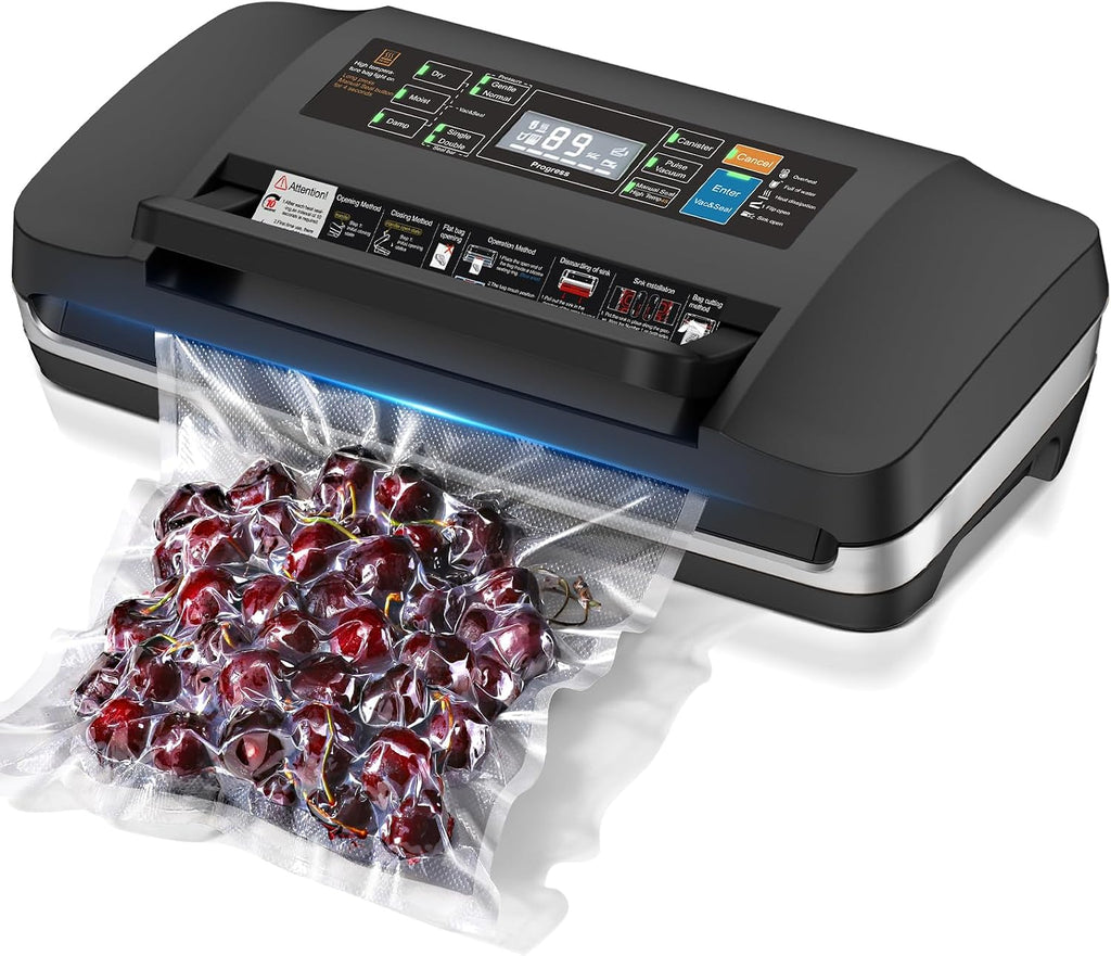 95kpa Vacuum Sealer Machine,Commercial Full Automatic Food Sealer,Powerful Sealing System with Double Heat Seal,Bags Storage, Easy-Lock Handle,Build-in Cutter,1 Bag Rolls and 10 Pre-cut Bags(Silver)
