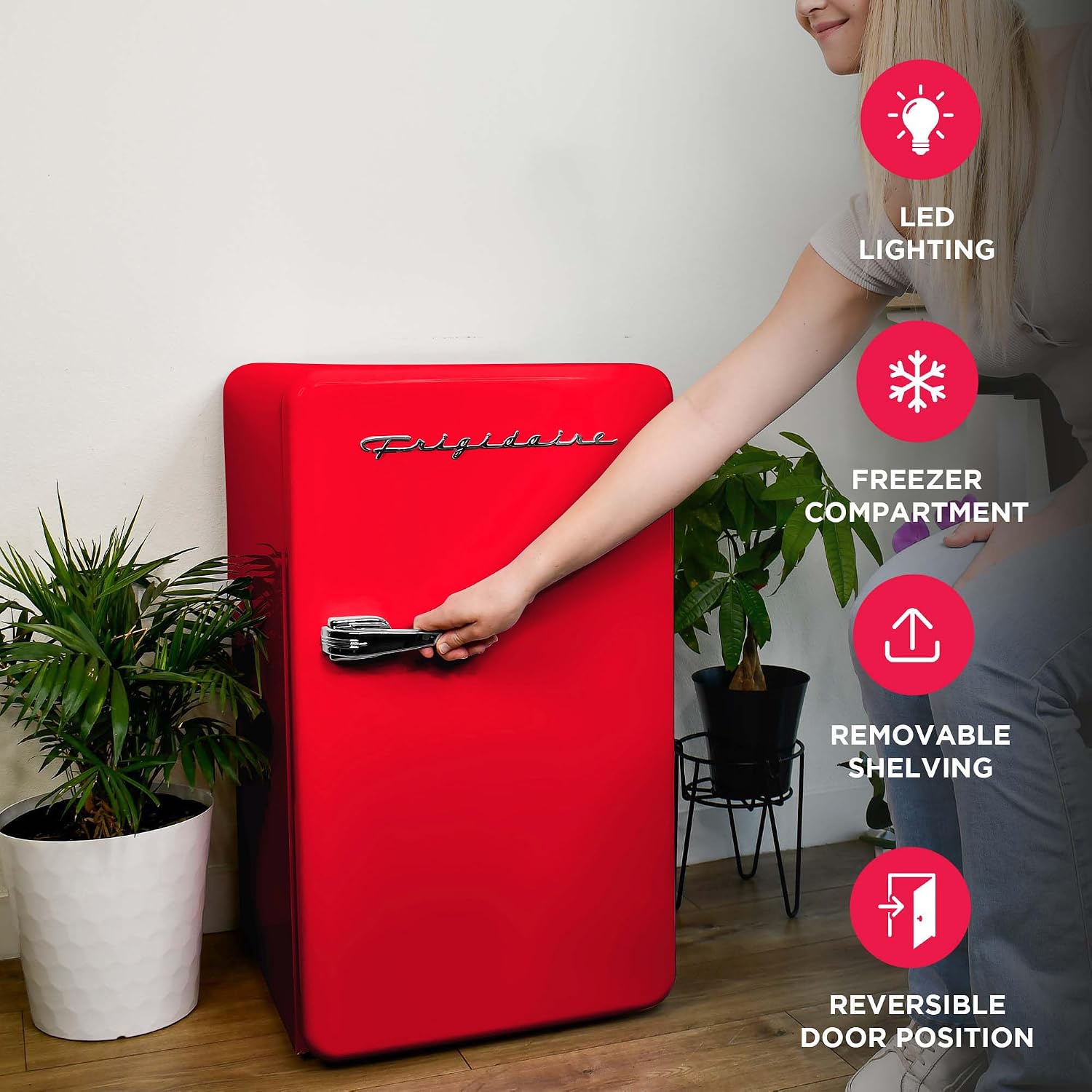 Frigidaire Retro Compact Refrigerator with Chiller, 3.2 cu ft Countertop Fridge, Built-In Bottle Opener, Rounded Corners, Premium, for Office, Bedroom, Dorm Room, Cabin, 18.5D x 20W x 31.5H (Red)