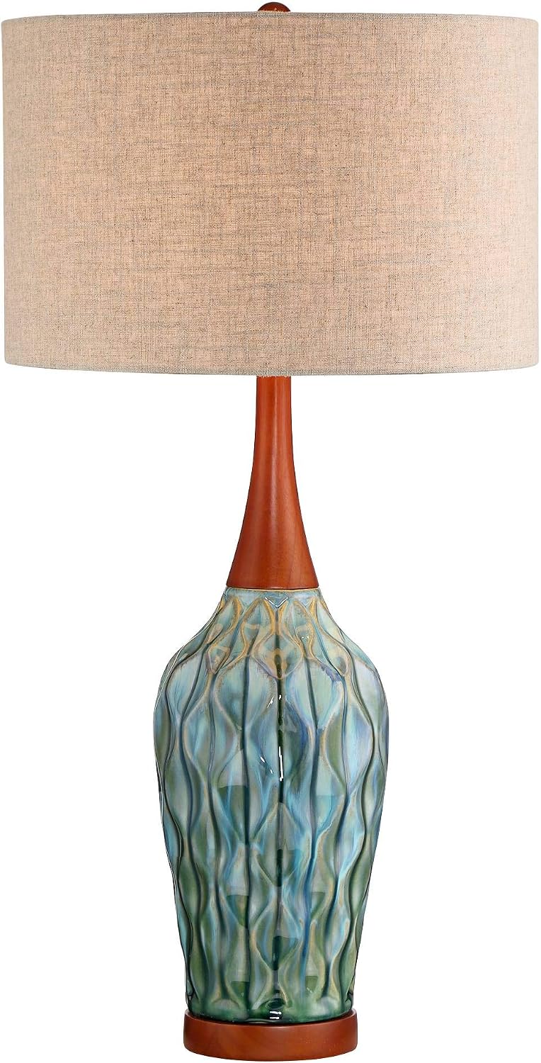 360 Lighting Rocco Mid Century Modern 3-Way Table Lamp with Table Top Dimmer 30' Tall Blue Teal Glaze Ceramic Cherry Wood Linen Fabric Drum Shade for Cottage Core Living Room (Colors May Vary)