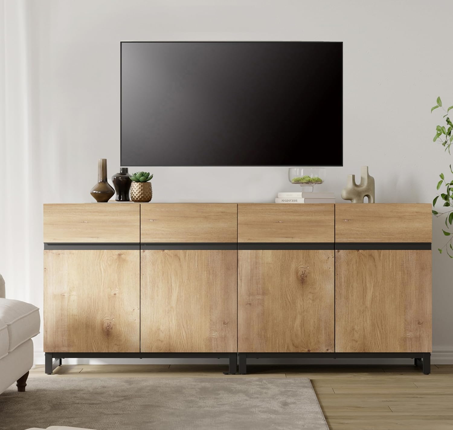WAMPAT 2 in 1 Multifunctional Sideboard Buffet Cabinets, Modern Sideboard with Adjustable Shelf and Metal Base, Coffee Bar Cabinet Storage Cabinet for Living Room, Kitchen, Oak