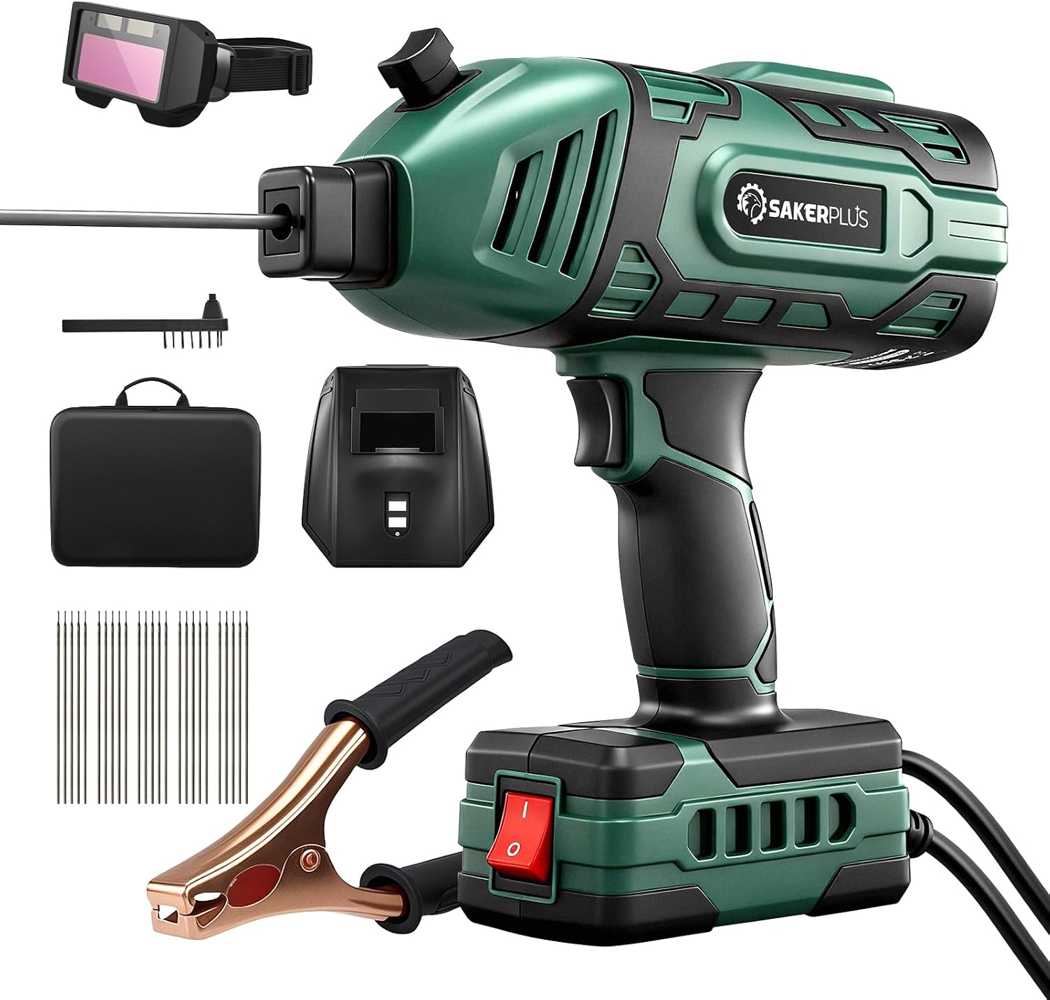Sakerplus Portable Welding Machine-110V Handheld ARC Welder with 5-Level Current Adjustment, IGBT Inverter Technology, Helmet, Safety Goggles & Carrying Case Included(Green, 25pc Wire Rods)
