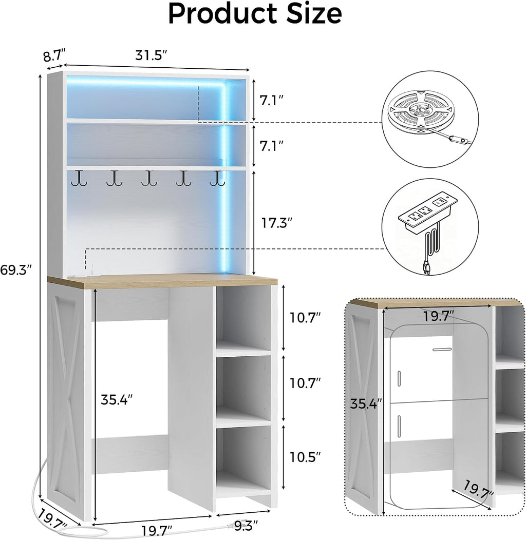 IRONCK Bakers Rack with Mini Fridge Space & Power Outlets, 69.3' Coffee Bar Station with LED Lights, 7-Tier Kitchen Microwave Stand with Hooks & Wooden Backboard, Space-Saving Utility Organizer, White