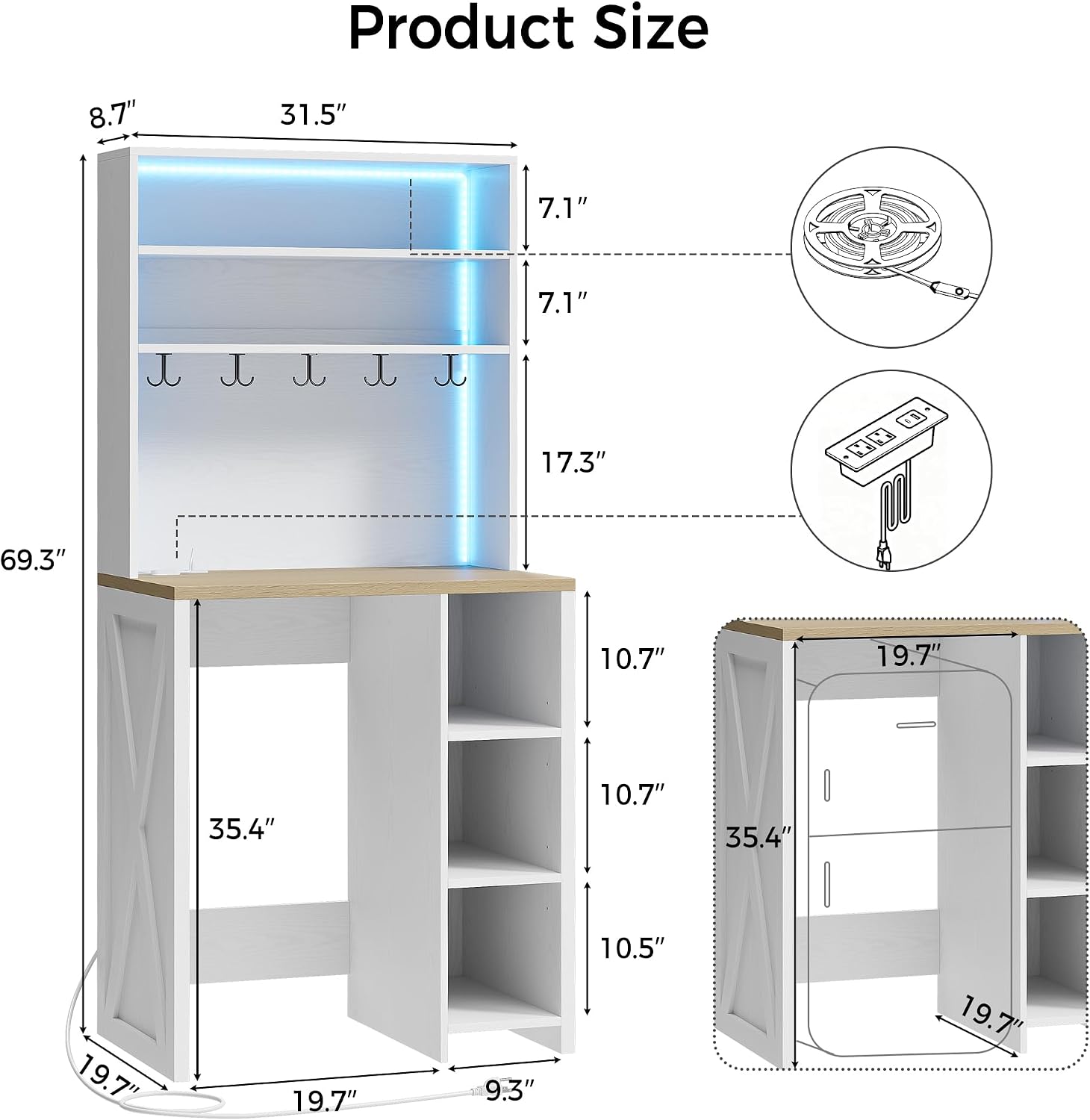IRONCK Bakers Rack with Mini Fridge Space & Power Outlets, 69.3' Coffee Bar Station with LED Lights, 7-Tier Kitchen Microwave Stand with Hooks & Wooden Backboard, Space-Saving Utility Organizer, White