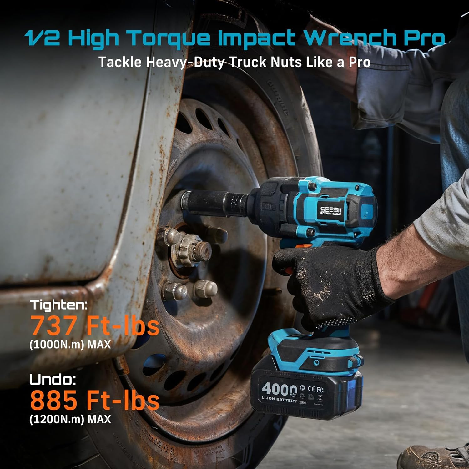 Seesii Impact Wrench 886 Ft-lbs(1200N.m), 1/2 High Torque Impact Gun with 21V 2x4.0Ah Battery, Electric Impact Driver, 2900IPM, 5 Socket, Cordless Impact Wrench for Home Car/Mower/Pickup/Truck RV