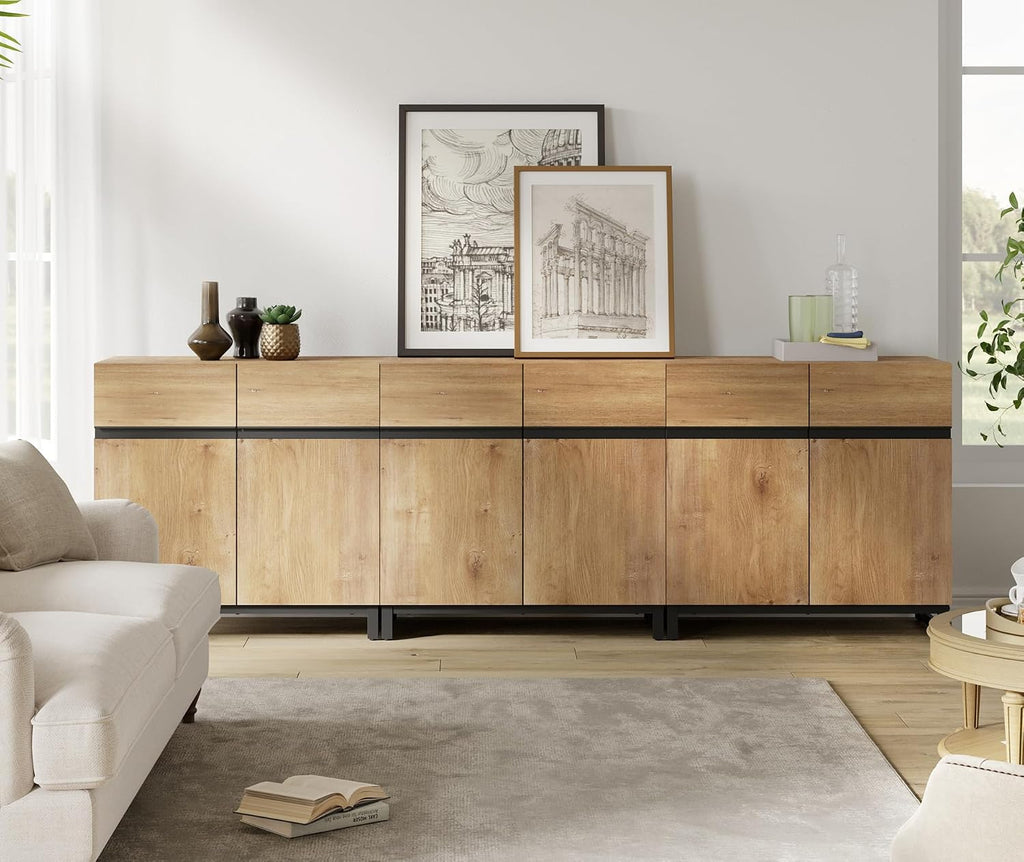 WAMPAT Sideboard Buffet Cabinets, Modern Sideboard with Adjustable Shelf and Metal Base, Coffee Bar Cabinet Storage Cabinet for Living Room, Kitchen, 3Pcs, Oak