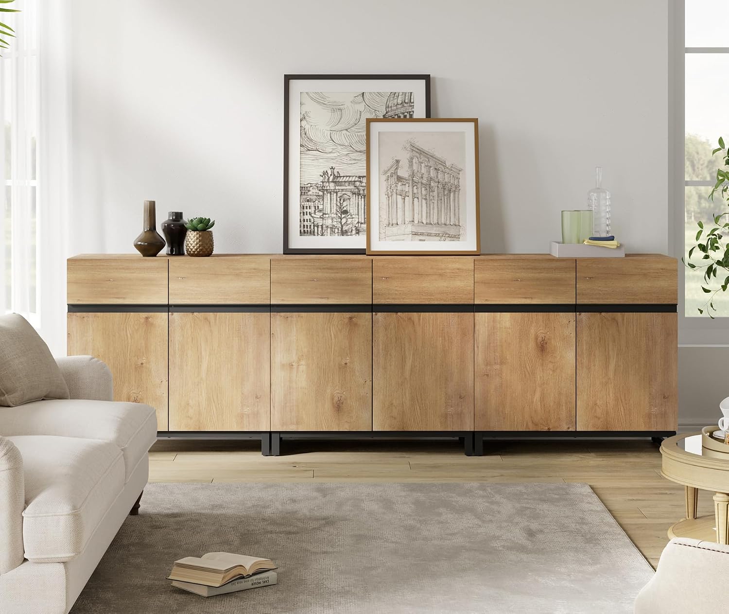 WAMPAT Sideboard Buffet Cabinets, Modern Sideboard with Adjustable Shelf and Metal Base, Coffee Bar Cabinet Storage Cabinet for Living Room, Kitchen, 3Pcs, Oak