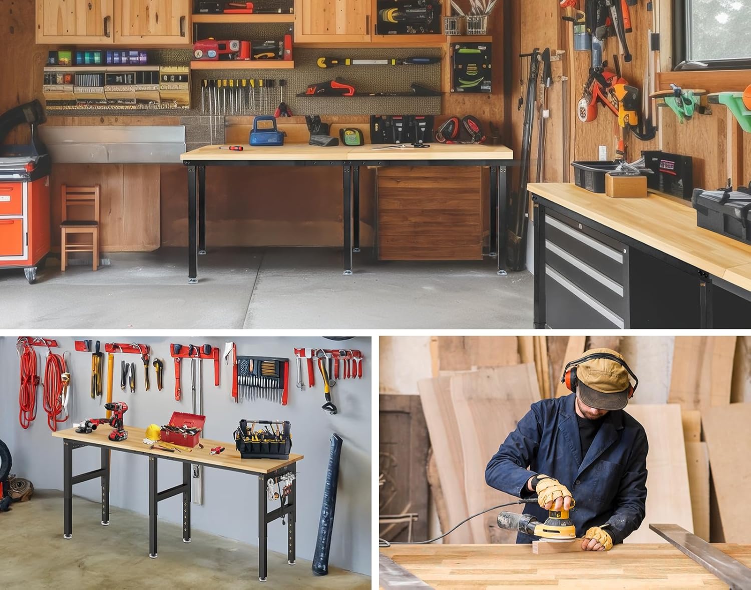 84' Adjustable Height Workbench, 5000 LBS Heavy Duty Table Rubber Wood Workstation with Power Outlet & Pegboard for Garage, Office, Workshop, Home,Commercial