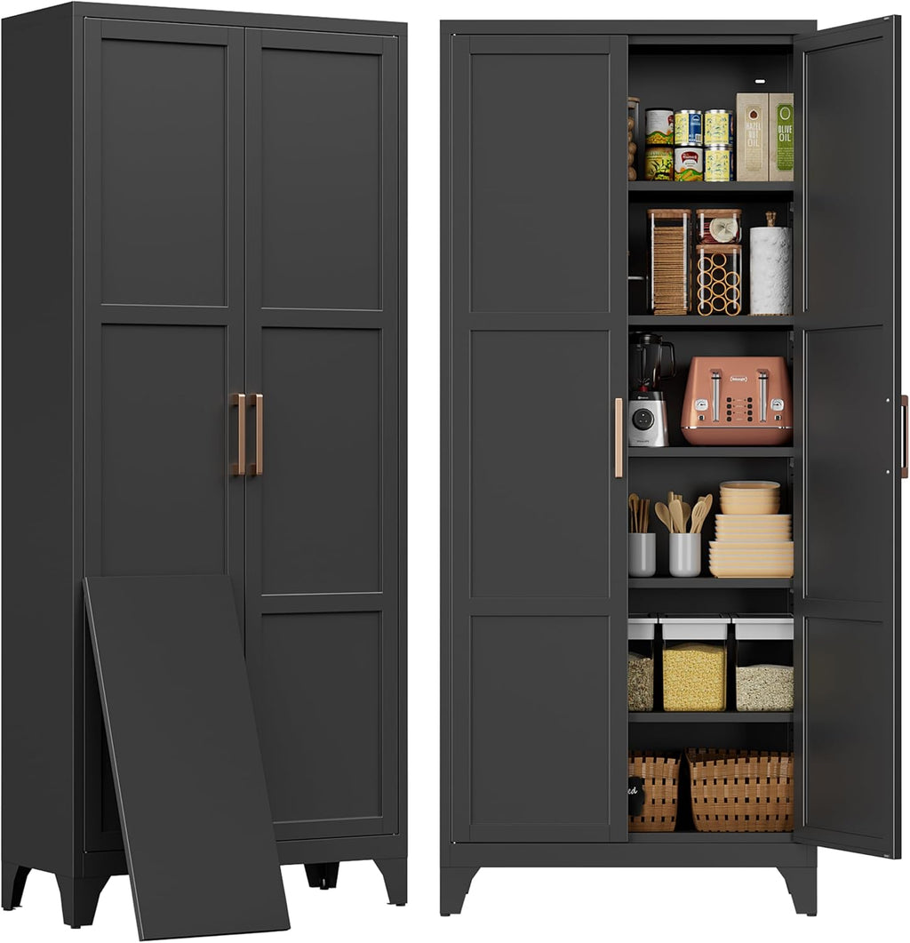 74.8' Black Freestanding Metal Pantry Cabinet, Magnetic Doors & 5 Adjustable Shelves, Anti-Tip Closed Storage Cupboard for Kitchen, Laundry, Garage & Home Office