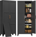 74.8' Black Freestanding Metal Pantry Cabinet, Magnetic Doors & 5 Adjustable Shelves, Anti-Tip Closed Storage Cupboard for Kitchen, Laundry, Garage & Home Office
