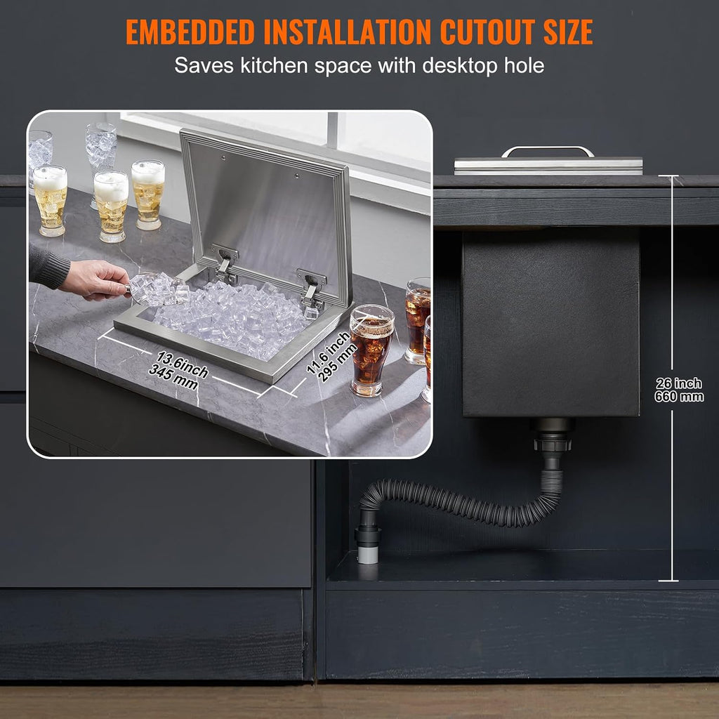 VEVOR Drop in Ice Chest, 14' L x 12' W x 18' H Stainless Steel Ice Cooler, Commercial Ice Bin with Hinged Cover, 40 qt Outdoor Kitchen Ice Bar, Drain-Pipe and Drain Plug Included, for Cold Wine Beer