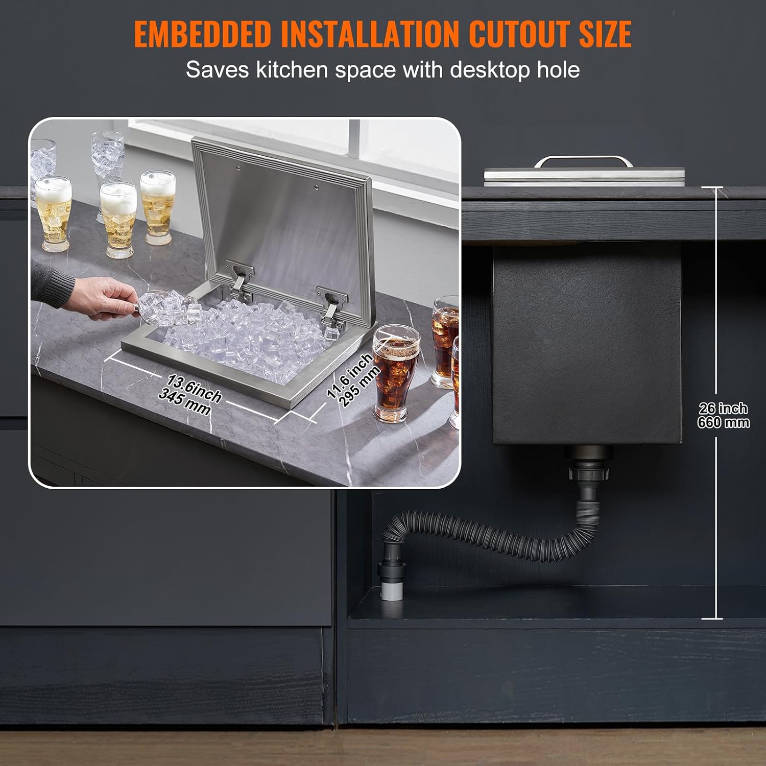 VEVOR Drop in Ice Chest, 14' L x 12' W x 18' H Stainless Steel Ice Cooler, Commercial Ice Bin with Hinged Cover, 40 qt Outdoor Kitchen Ice Bar, Drain-Pipe and Drain Plug Included, for Cold Wine Beer