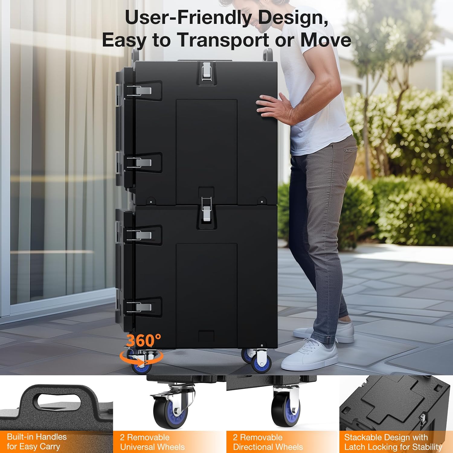 NEEDONE Food Warmer, 81 Qt Hot Box LLDPE Insulated Food Pan Carrier for Hot/Cold Food, w/Double Buckles, Lockable Wheels, Handles, Stackable Design, for Catering Restaurant Camping Family Party
