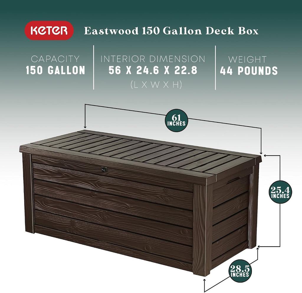 Keter Circa 37 Gal Round Patio Box Storage Table, Seating Bundled with Westwood 150 Gallon Plastic Outdoor Furniture Storage Deck Box, Brown