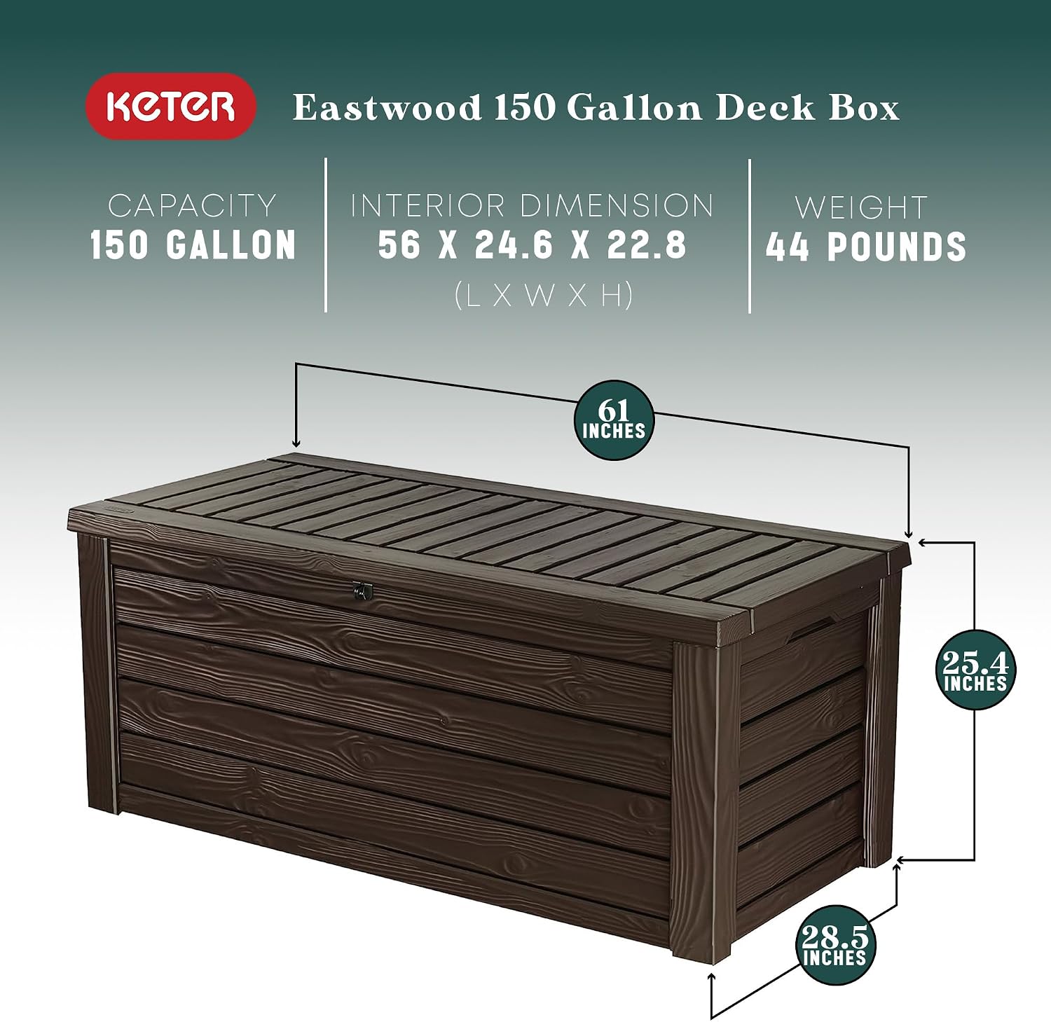 Keter Circa 37 Gal Round Patio Box Storage Table, Seating Bundled with Westwood 150 Gallon Plastic Outdoor Furniture Storage Deck Box, Brown