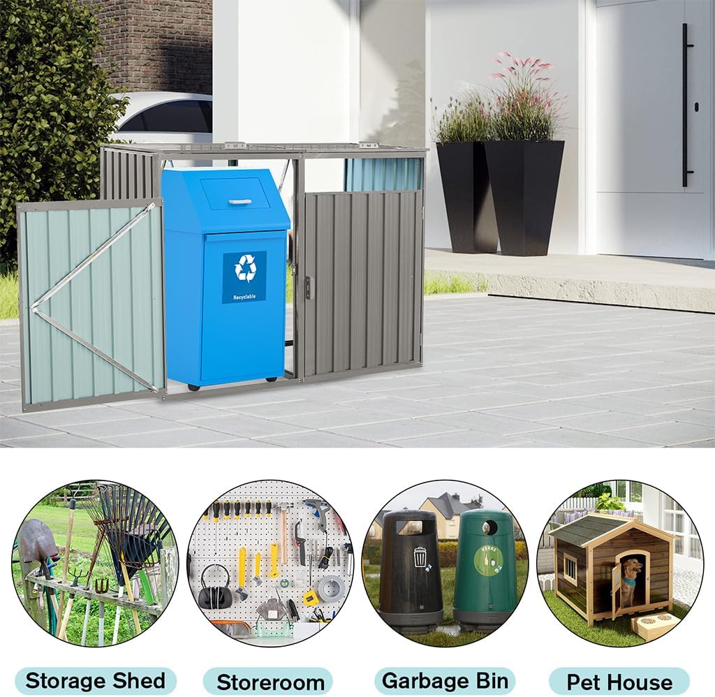 Outdoor Storage Shed for Trash Cans and Yard Tools, Bike Shed Heavy Duty Metal Shed Tool Shed with 2 Doors, Horizontal Stow-Away Storage Shed for Backyard Patio Garden,Gray,63'L × 31.5'W × 48'H