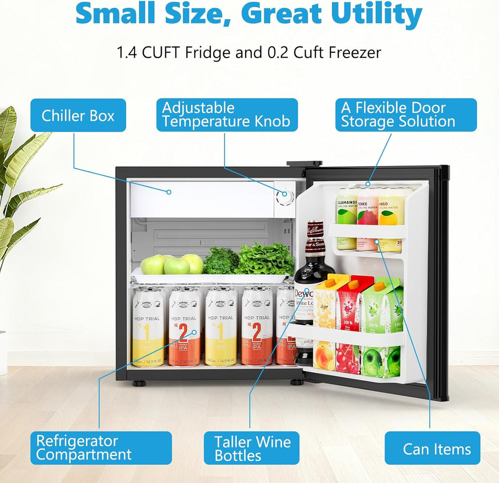 COWSAR 1.6 Cu.ft Mini Fridge with Freezer, Small Refrigerator for Dorm, Office, RV, Bedroom, Adjustable Thermostat, Low Noise, Energy-efficient, Reversible Door (Black, 1.6 CU.FT)