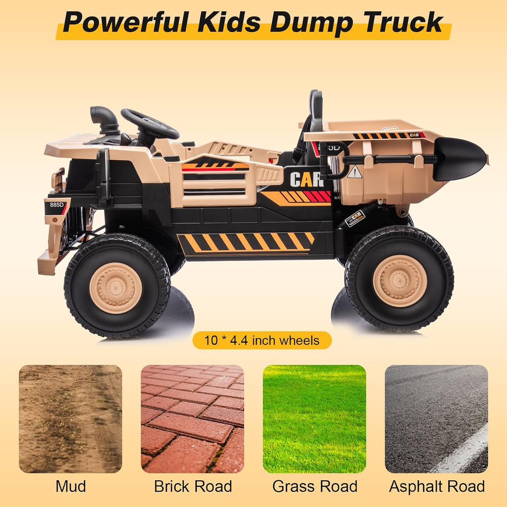 RunFast 12V 2 Seater Ride on Dump Truck for Kids,Electric Ride on Cars with Remote Control,2X35W Powerful Motors Up to 4Mph,Electric Dump Bed,Extra Shovel,Music Player,Gift for Boy&Girl(Khaki,12V)
