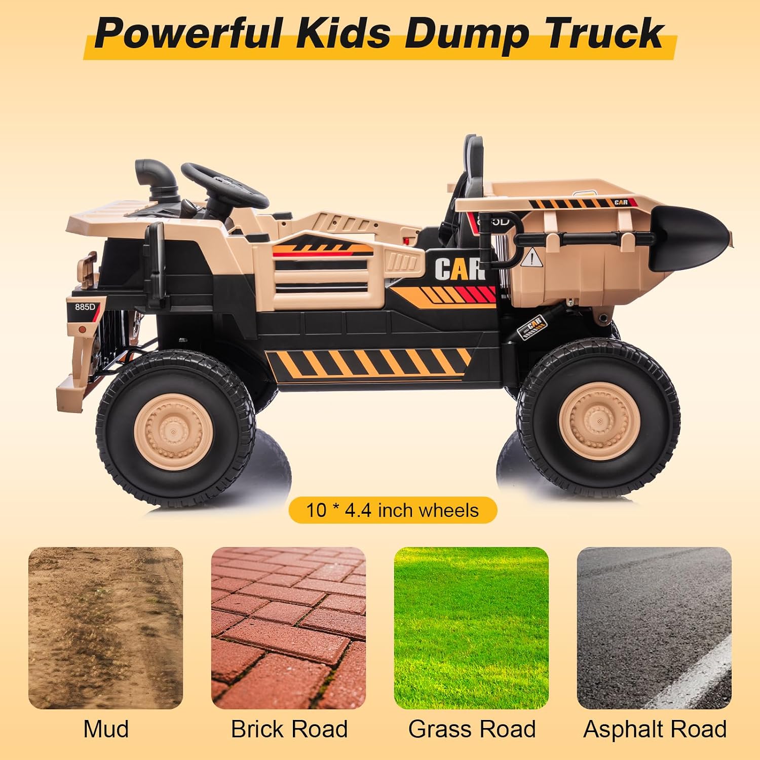 RunFast 12V 2 Seater Ride on Dump Truck for Kids,Electric Ride on Cars with Remote Control,2X35W Powerful Motors Up to 4Mph,Electric Dump Bed,Extra Shovel,Music Player,Gift for Boy&Girl(Khaki,12V)