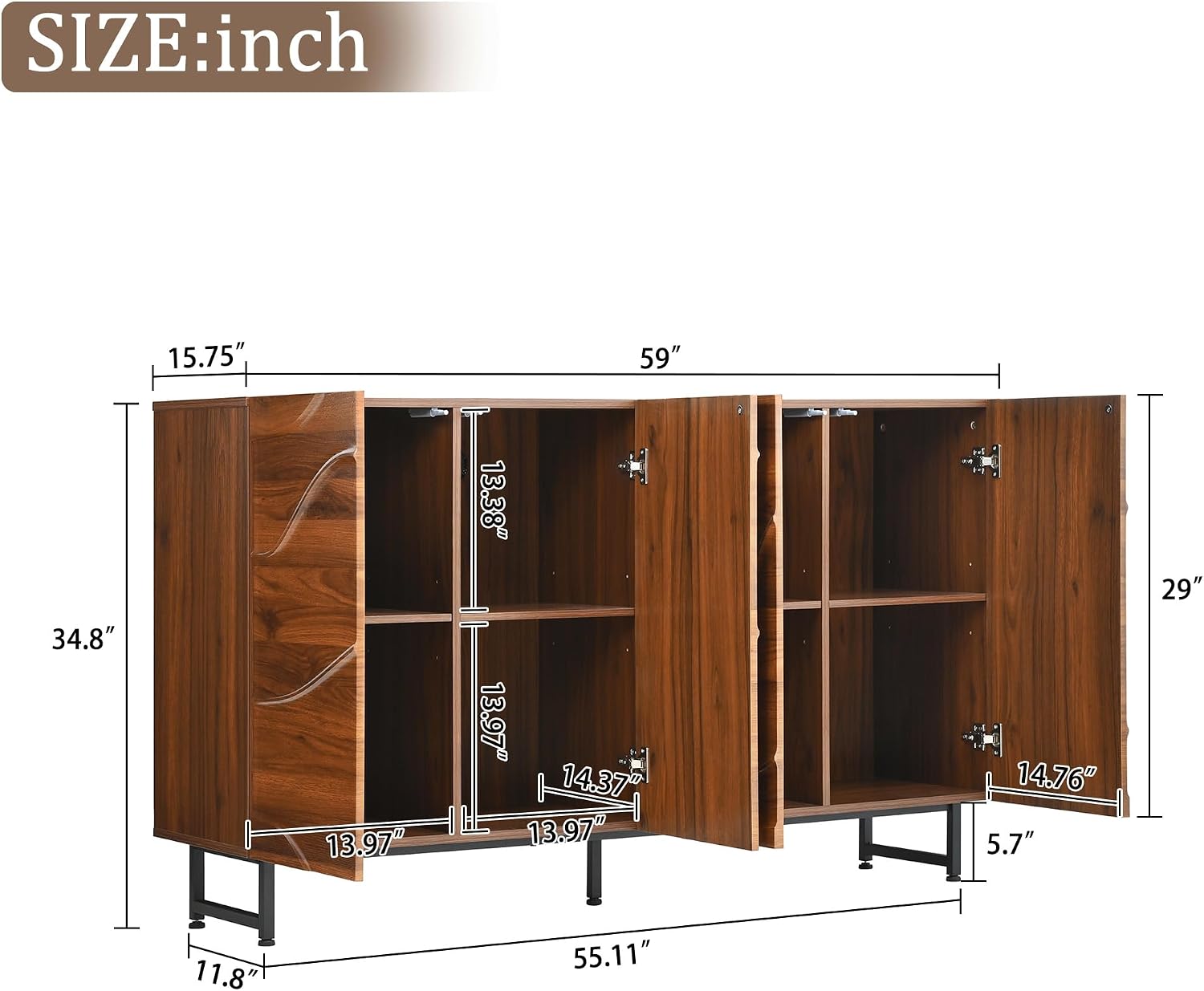 59' Modern Art Sideboard Cabinet with Storage, Sideboard Buffet Cabinet with Wave Relief Design & Metal Legs, Walnut Texture Storage Cabinet for Living Room, Dining Room