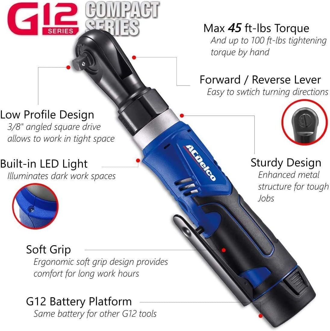 ACDelco ARW1209-K16 G12 Series 12V Li-ion Cordless 3/8' Rachet Wrench & Compact Drill Driver Combo Tool Kit
