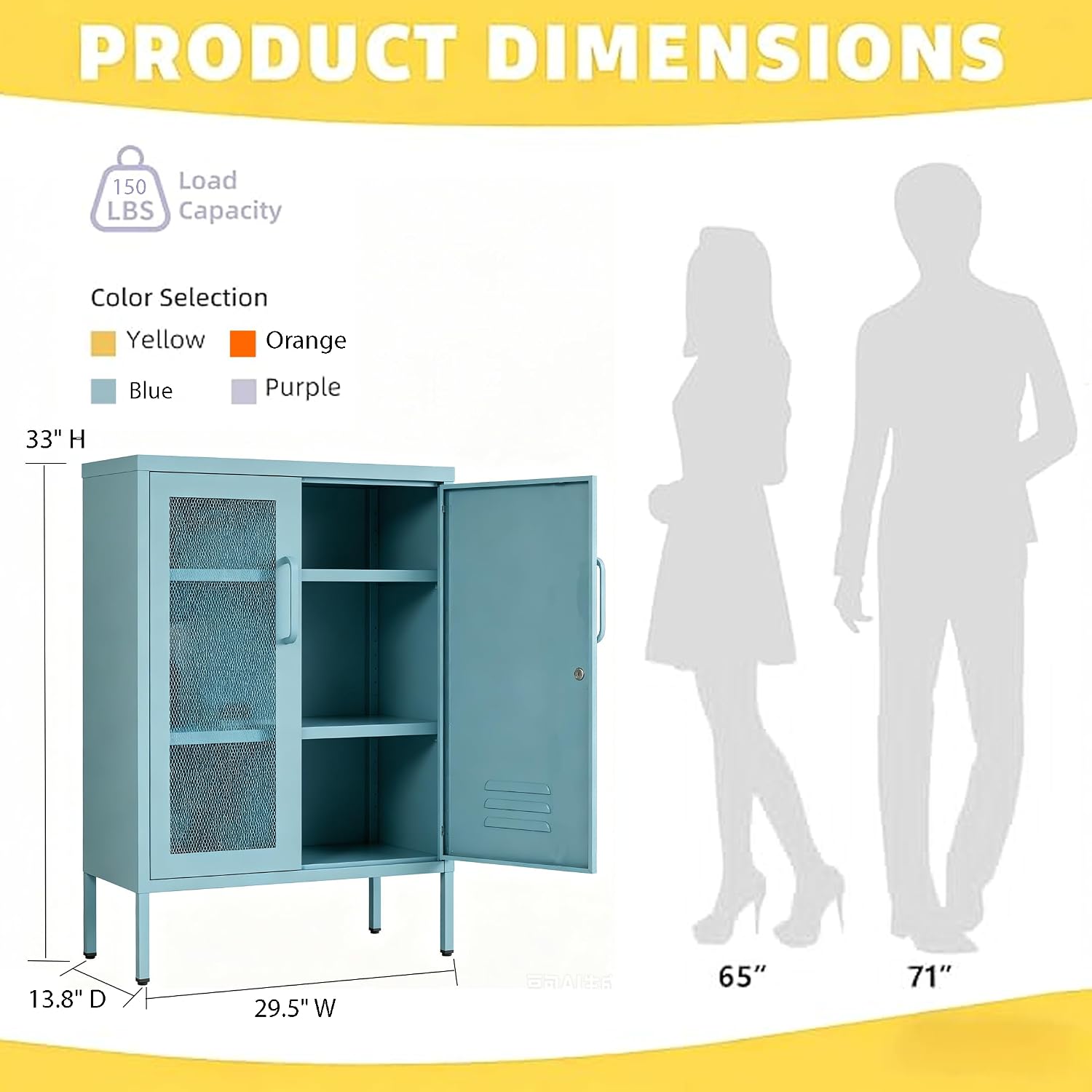 Blue Metal Storage Cabinet with Lock 3-Tier Freestanding Locker Organizer with Mesh Ventilated Door Multipurpose Accent Cabinet Locker Adjustable legs For Hallway, Living Room, Entryway, Home Office