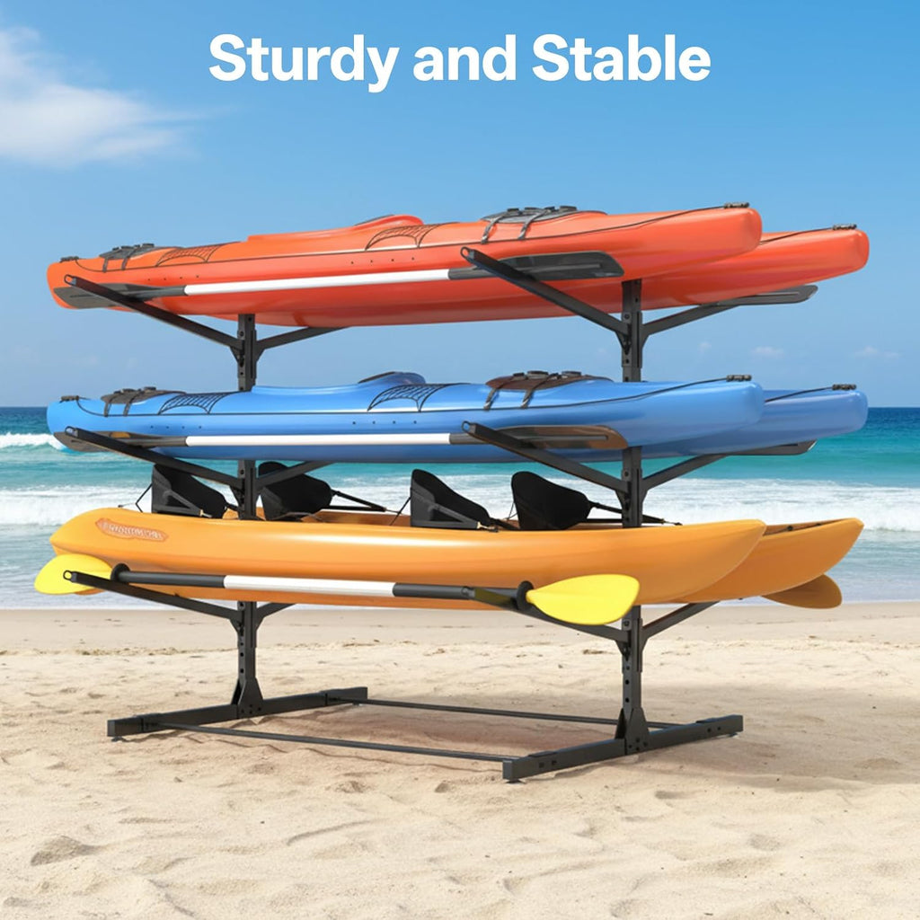 LotFun Kayak Storage Rack, Freestanding Heavy Duty Adjustable Kayak Stand Indoor Outdoor Storage Rack Garage, with Wheels and Foot Pad, for Kayaks, SUPs, Canoes, Surfboard (3 Levels for 6 Kayaks)