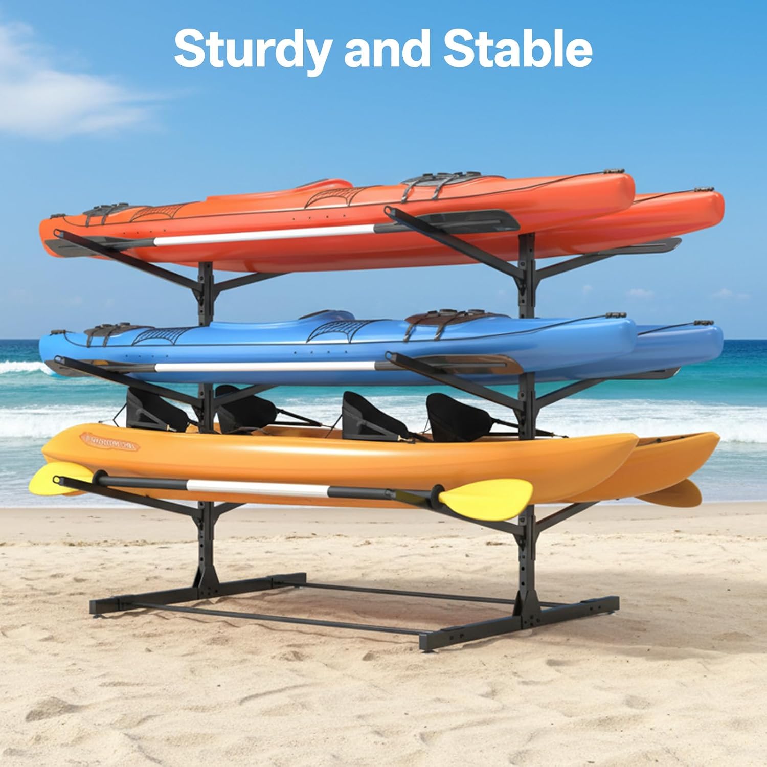 LotFun Kayak Storage Rack, Freestanding Heavy Duty Adjustable Kayak Stand Indoor Outdoor Storage Rack Garage, with Wheels and Foot Pad, for Kayaks, SUPs, Canoes, Surfboard (3 Levels for 6 Kayaks)
