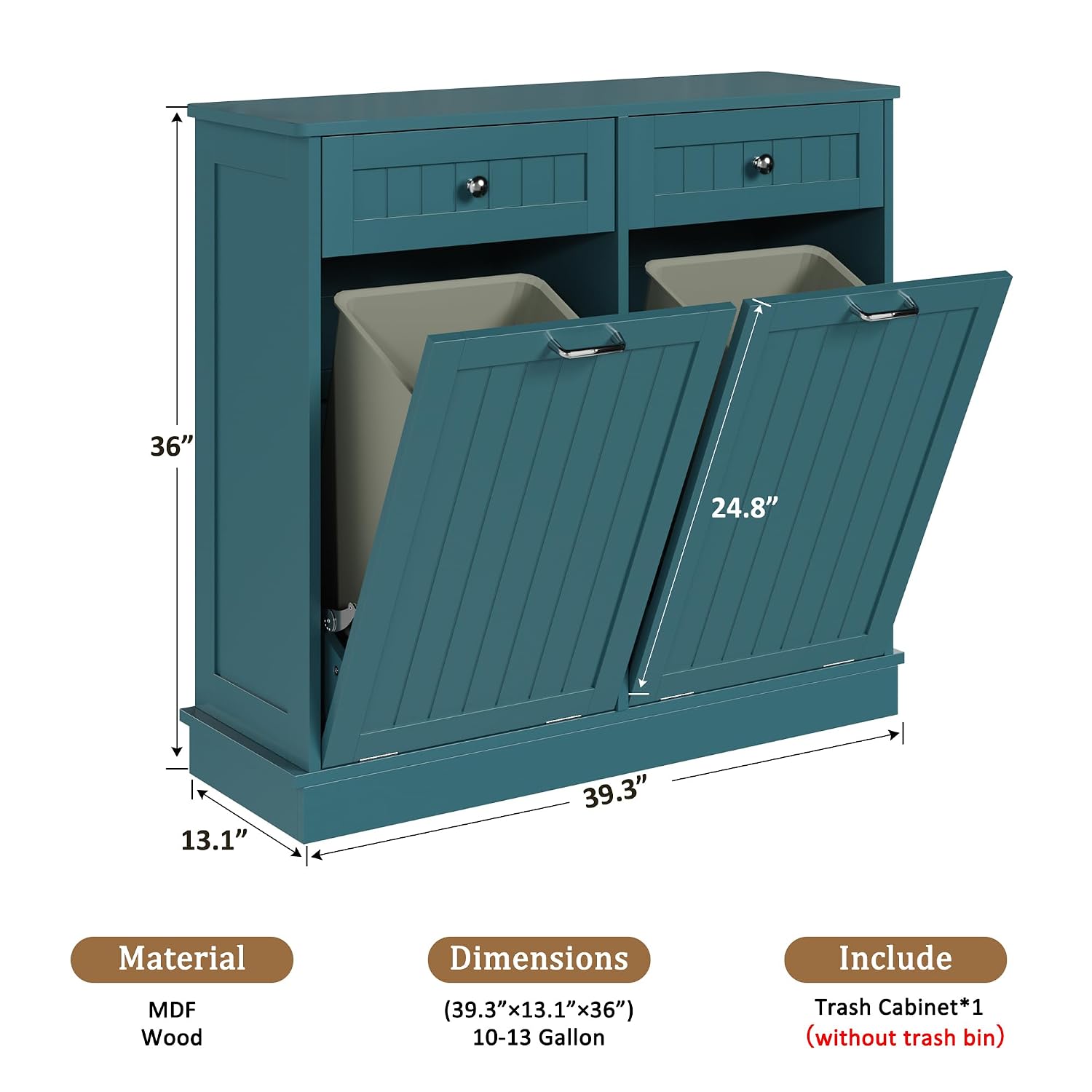 KIGOTY Double Tilt Out Trash Can Cabinet, 20 Gallon Hidden Trash Storage Cabinet with 2 Hideaway Drawers, Freestanding Trash Can for Kitchen, Wooden Laundry Hamper Cabinet, Pet Proof (Lake Blue)