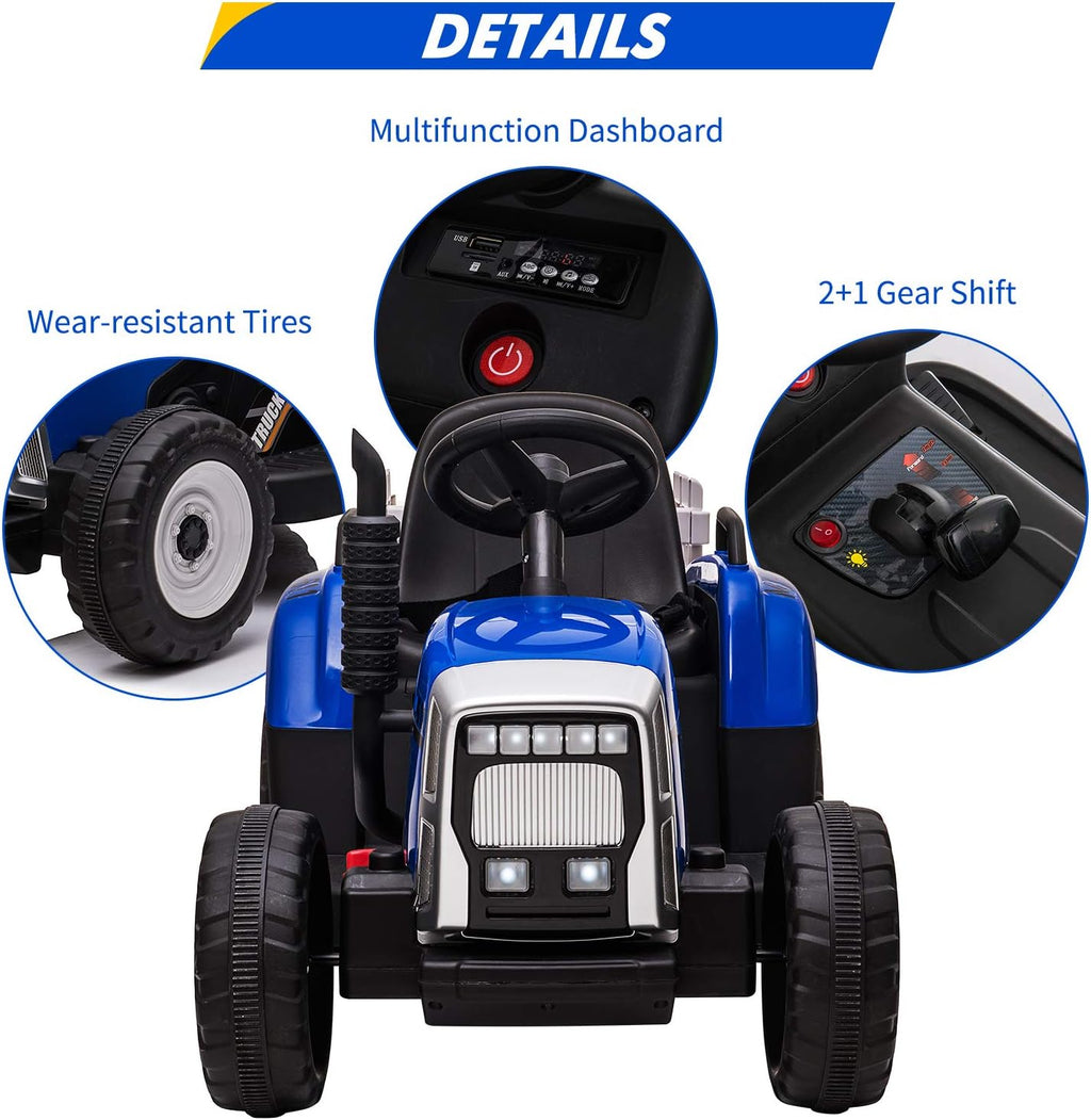 12V Kids Ride On Tractor with Trailer & Remote Control, Toddler Battery Powered Electric Car Slow Start 7LED Headlights USB Music Player 2+1 Gear Shift, Blue, 25W/Treaded Tires