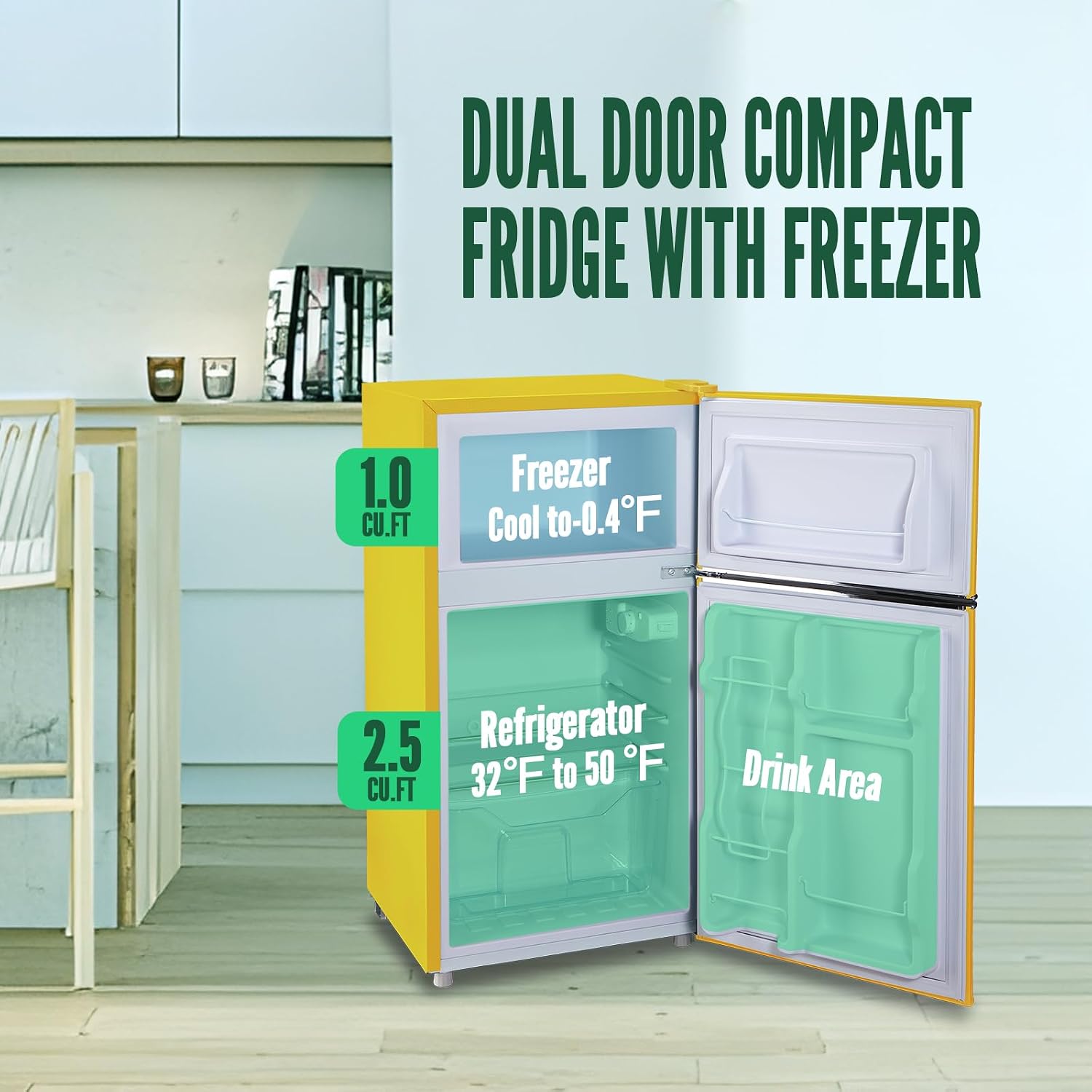 WANAI Compact Refrigerator 3.2 Cu.Ft Retro Dual Door Mini Fridge with Freezer Adjustable Remove Glass Shelves Small Refrigerator Suitable for Dorm Garage and Office