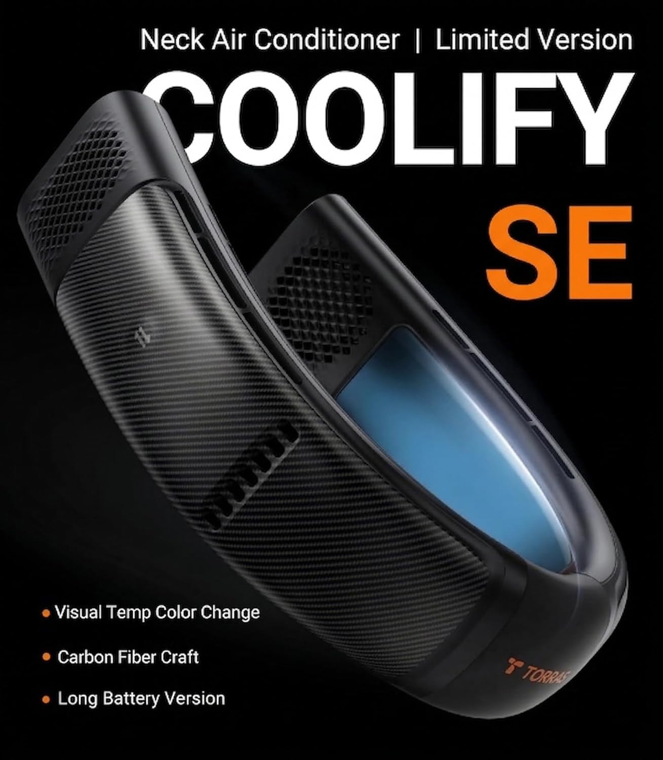 TORRAS COOLiFY SE Neck Fans that Blow Cold Air [Limited Version], Neck Air Conditioner with Long Battery, Orange-blue-Change Neck Fan, Smart App Control Neck Fan Rechargeable, Black