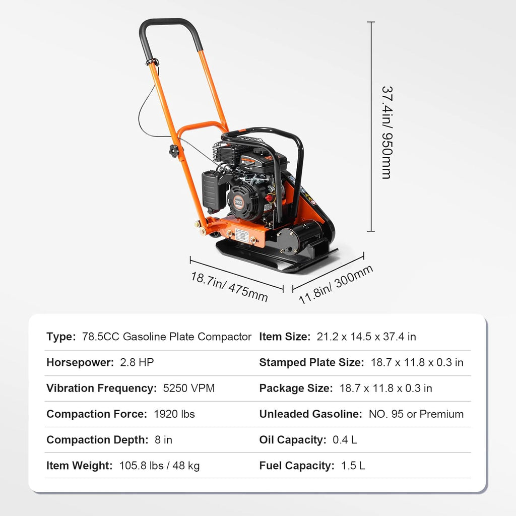VEVOR Plate Compactor, 2.8 HP 78.5CC Gas Engine 5,250 VPM, 1,920 lbs Force Vibratory Compaction Tamper with 18.7 x 11.8 inch Plate for Walkways, Patios, Asphalts, Paver Landscaping, EPA Compliant