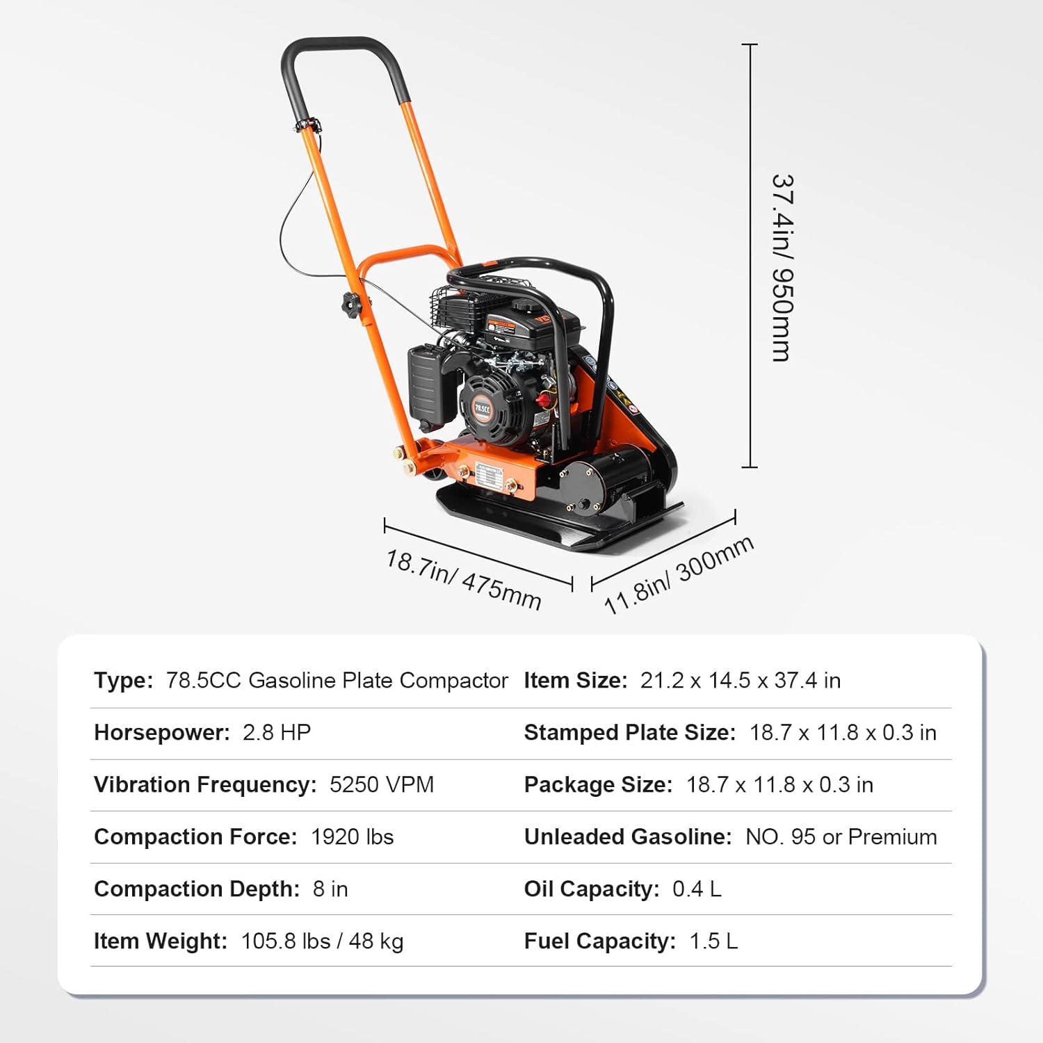 VEVOR Plate Compactor, 2.8 HP 78.5CC Gas Engine 5,250 VPM, 1,920 lbs Force Vibratory Compaction Tamper with 18.7 x 11.8 inch Plate for Walkways, Patios, Asphalts, Paver Landscaping, EPA Compliant