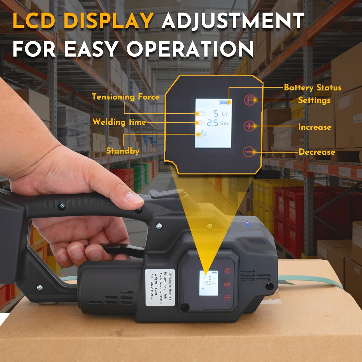 Cordless Electric Strapping Tool for PP/PET Straps, Adjustable Tension 3500N, Dual Battery Powered Handheld Banding Machine for Cartons, Pallets & Industrial Packaging