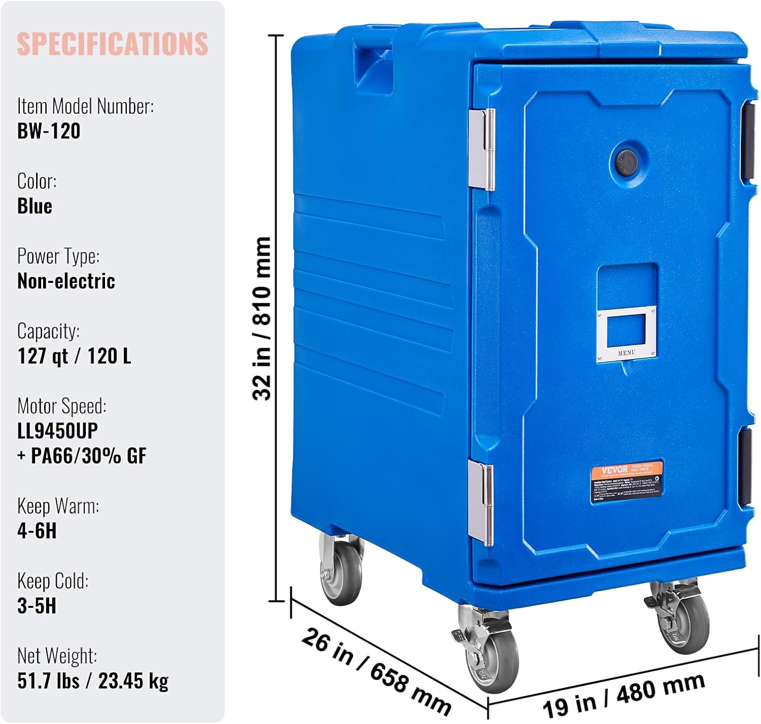 VEVOR Insulated Food Pan Carrier, 127 Qt Hot Box for Catering, LLDPE Food Box Carrier w/Double Buckles, Front Loading Food Warmer w/Handles, End Loader w/Wheels for Restaurant, Canteen, etc. Blue